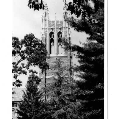 Exterior view of Barbelin Tower with evergreen trees in foreground.