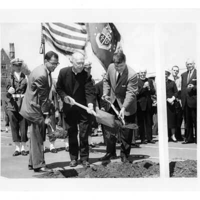 Groundbreaking for Villiger (later Post) Academy of Food Marketing with J. Joseph Bluettand others.