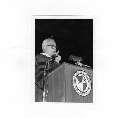 Honorary degree recipient, Cesar Jerez-Garcia, S.J., addressing audience during convocation, March 20, 1990.