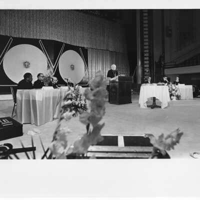 Cardinal John Krol giving address at International Eucharistic Congress, symposium on hunger, August 2, 1976, held at Philadelphia Civic Center.
