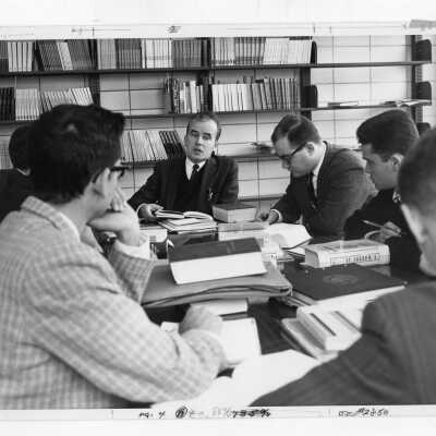 View of Honors Program class in English Literature being held in Drexel Library, c. 1965.