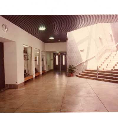 Hallway of Sports Complex (Field House) with trophy cases.