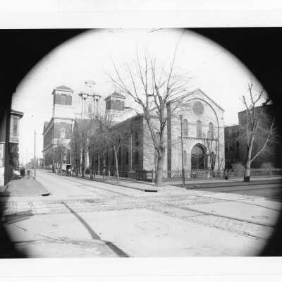 View of Church of the Gesu behind Church of Saint Matthew at Eighteenth and Girard Streets in Philadelphia.