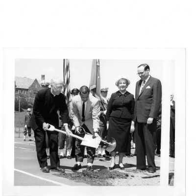 Bellarmine groundbreaking with J. Joseph Bluett, S.J., Bernard Scalley (class of 1959), Hon. Kathryn Granahan, M.C., and Frank Lalley (class of 1931)