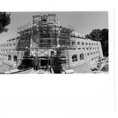 Front view of McShain Hall near end of construction.