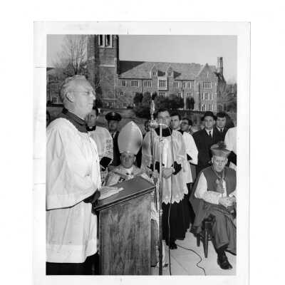 Bellarmine dedication with J. Joseph Bluett, S.J., Rev. Egidio Vagnozzi, and Rev. Joseph McShea and others.