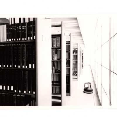 Interior view of upper level stacks in Drexel Library.