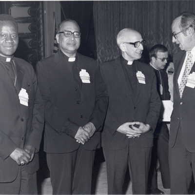 Pedro Arrupe, S.J., Dr. Thomas Melady, and others at International Eucharistic Congress, symposium on hunger, August 2, 1976, held at Philadelphia Civic Center.