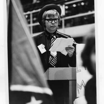 Student at mock Democratic convention in the Field House sponsored by the students of Delta Sigma Pi in March 1972.