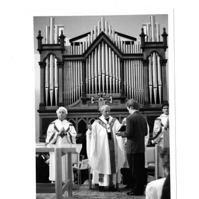 Dedication of Chapel of Saint Joseph with Fred Dobens, Anthony Cardinal Bevilacqua, Nicholas S. Rashford (hidden) and E. Peter Zurbach.