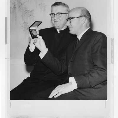 Saint Joseph's College receives an ward medal for Jewish-Catholic relations, with William Maloney,S.J., Robert K. Greenfield, November 13, 1967 during Institute on Catholic-Jewish relations?