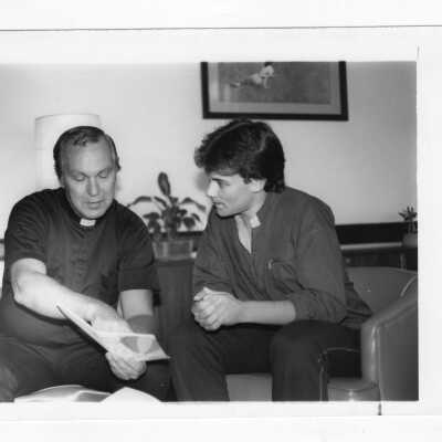 James W. Moore, S.J., portrait, and photo of Moore as Associate Dean of Arts and Sciences working with student.