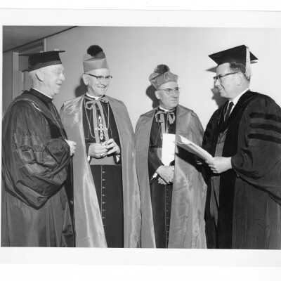 J. Joseph Bluett, S.J., and John Cardinal Krol with two honorary degree recipeints, Archbishop Egidio Vagnozzi and Richard J. Hughes at 1962 graduation/commencement.