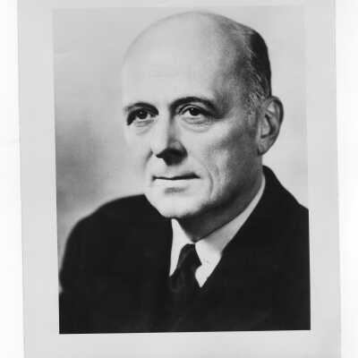 Photograph of Thomas K. Finletter, c. 1951, when when serving as Secretary of Air Force. Finletter received honorary degree academic convocation, October 28, 1951, as part of centennial celebration.