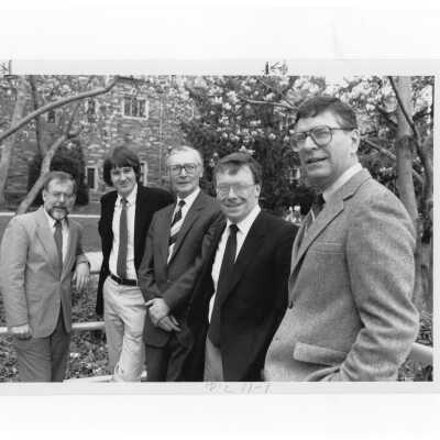 Two English professors, Ronald C. Wendling and David R. Sorensen, hosting visit by Dr. K.J. Fielding and Dr. Ian Campbell, April 5, 1989.