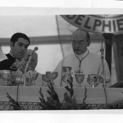 Mass held July 31, 1976, on Gest Lawn prior to academic convocation during SJC 125th anniversary celebration with Apostolic Delegate Jean Jadot and others.