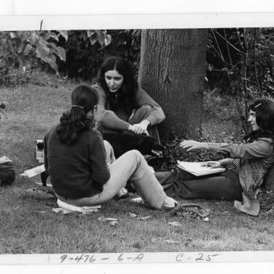Four women students talking and studying on lawn under trees.