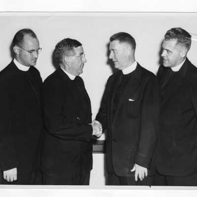 John S. O'Conor, S.J. (Physics) with several other Jesuits possibly during 28th annual convention in 1953 of American Association of Jesuit Scientists.