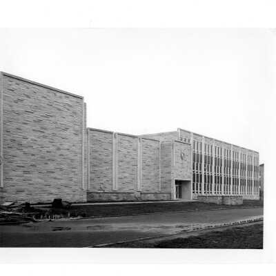 Exterior view of front of Villiger (later Post) Academy of Food Marketing near end of construction.