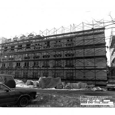 View of McShain Hall construction with scaffolding.