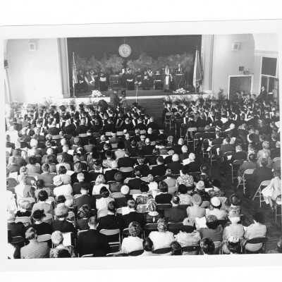 View of October 1963 graduation/commencement ceremony in Flanigan Auditorium.
