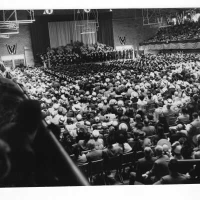 View of 1950 graduation/commencement ceremony in Field House.
