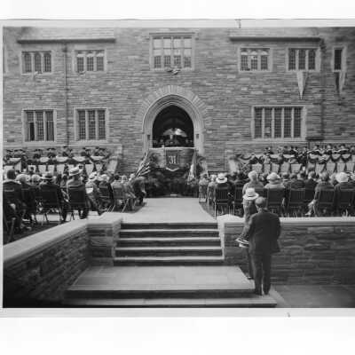 View of 1931 graduation/commencement ceremony held in Barbelin Quadrangle.