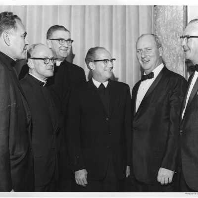 William F. Maloney, S.J., with Rev. Theodore M. Hesburgh, Joseph A. Flaherty, O.S.A., Daniel Barnian, F.S.C., Thomas D. McCloskey (1966 Man of the Year), at University of Notre Dame Club of Philadelphia, May 3, 1966.