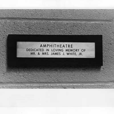 Dedication plaque for amphitheater in science center, in memory of Mr. and Mrs. James J. White, Jr.