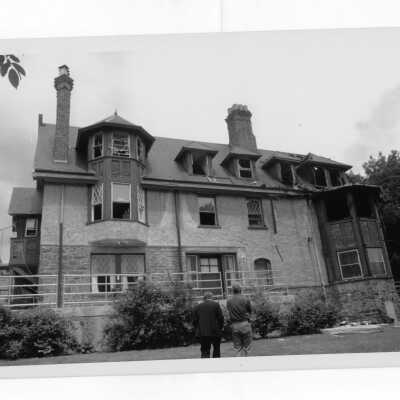 Exterior view of Simpson Hall after fire.