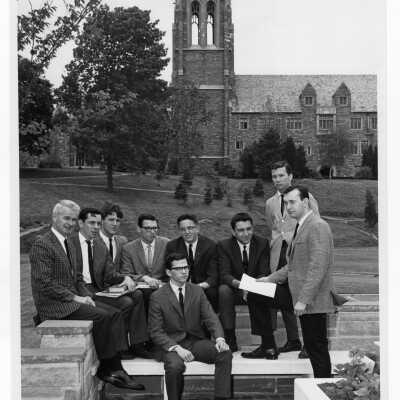Members of work study project in Puerto Rico, including Charles Shreiner, director of Latin American Studies program, R. Donges, N. Ovalle, L. Amici, L. Brennan. C. Purrenhage, J. Porcelli, D. Hewlett, and L. Kubacki