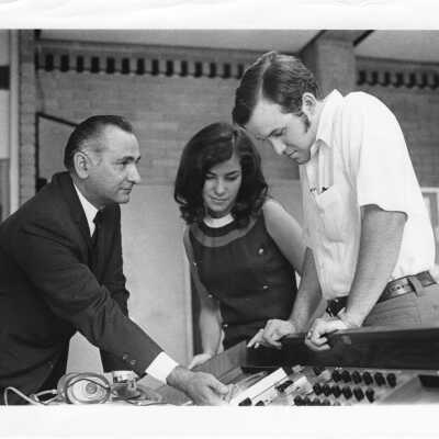 Views of Modern Languages professor, Michael Toconita, with student using equipment in language laboratory, c. 1970.