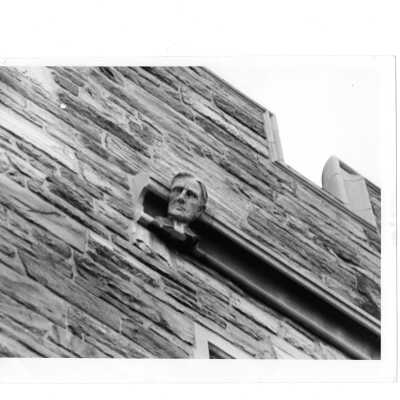 Gargoyle on exterior of Barbelin in likeness of William F. Clark, S.J., president of Saint Joseph's College from 1896 to 1900.