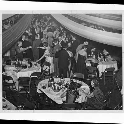Alumni association dinner dance in decorated Field House, February 2, 1952.