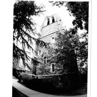 Foreshortened exterior view of Barbelin Tower.