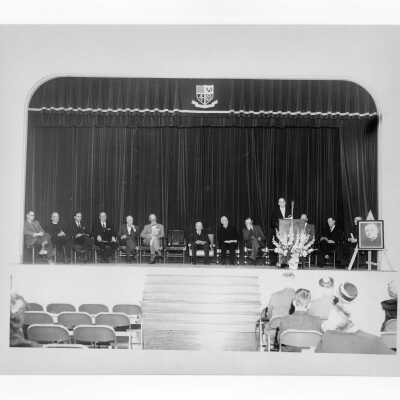 Shaffrey award ceremony for Dr. J. Parsons Schaeffer in Flanigan auditorium, 1959.