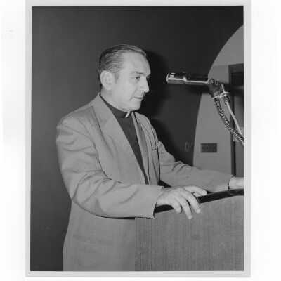 Renato Poblete, S.J. of Chile delivering talk on Salvador Allende, President of Chile, in Campion Hall, January 23, 1972.