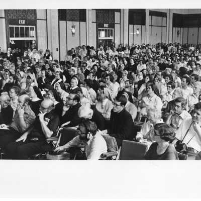 View of audience at panel presentation, "Hunger for Bread and Evangelization," at International Eucharistic Congress, symposium on hunger, August 2, 1976, held at Philadelphia Civic Center.