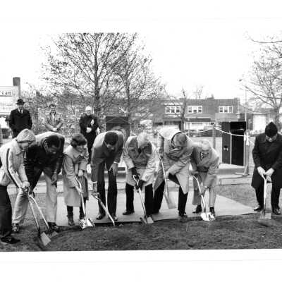 Groundbreaking for Sports Complex (addition to Field House), Emory Ross, S.J. in background.