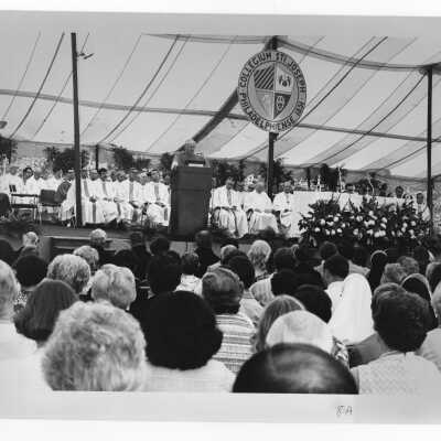 Mass held July 31, 1976, on Gest Lawn prior to academic convocation during SJC 125th anniversary celebration with Cardinal John Krol giving homily.