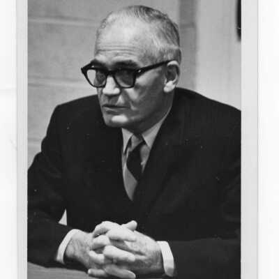 Senator Barry Goldwater being interviewed during his visit to Saint Joseph's College to deliver speech, February 8, 1968.