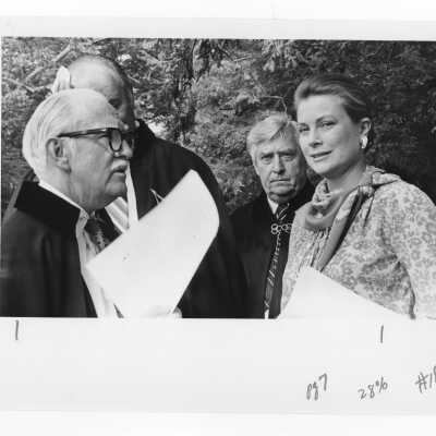 Knights of Malta greet Princess Grace of Monaco before Mass held July 31, 1976, on Gest Lawn during SJC 125th anniversary celebration.