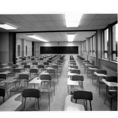 View of classroom with desks in Villiger (later Post) Academy of Food Marketing.