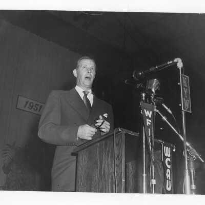 Maurice J. Tobin, U.S. Secretary of Labor, speaking at labor symposium on industrial relations held October 26, 1951 in Flanigan Auditorium during centennial celebration.