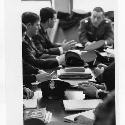 View of Air Force ROTC students in uniform during class, c. 1970.