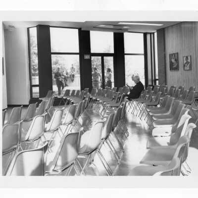 View of lecture room and entrance during science center dedication.