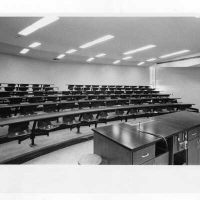 View of amphitheater style lecture room in science center.