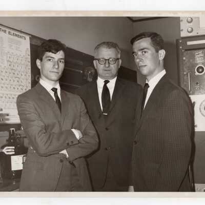 Chemistry professor, George Beichl, with two students, Michael F. Schmid and Henry M. Miziorko, who won appointments to work for a semester at the Argonnne National Laboratory in Argonne, Illinois, May 1968.