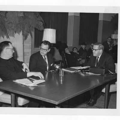 Msgr. George Higgins, Rabbi Marc Tanenbaum and others during First Annual Institute on Catholic-Jewish relations, March 5-6, 1967 in Campion Hall.