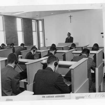 Modern Languages professor, Michael Toconita, with class in language laboratory, May 1961.